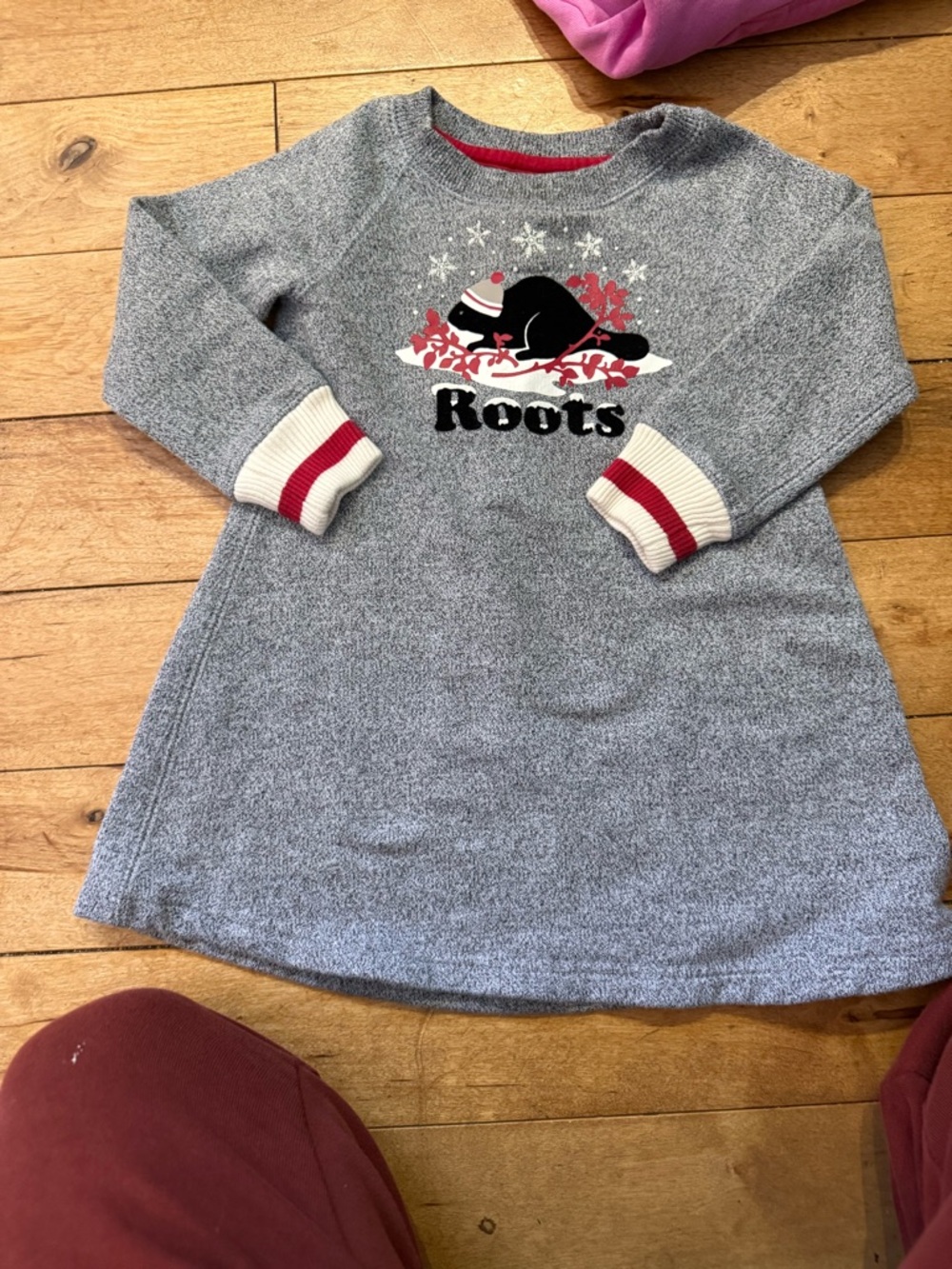 Roots Grey Knit Dress with Black Beaver Graphic and Red Accents